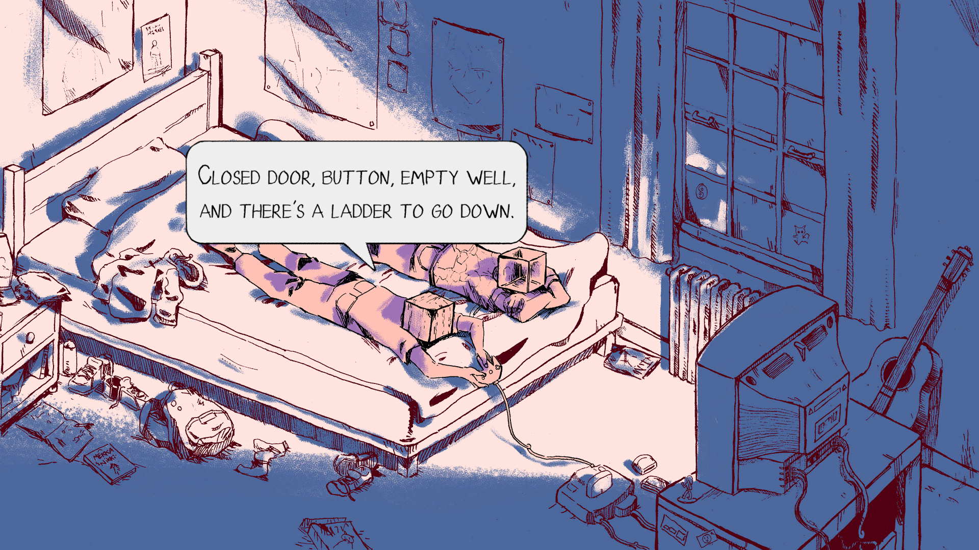 Two characters play a game. One says, 'Closed door, button, empty well, and there's a ladder to go down.'