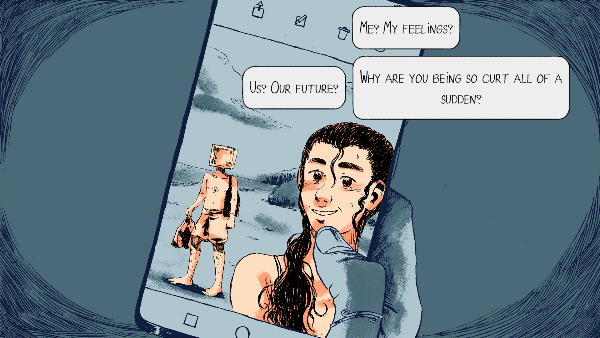 An iPhone shows pictures of the couple on a beach. The choices appear on top: 1) Me? My feelings? 2) Us? Our future? 3) Why are you being so curt all of a sudden?