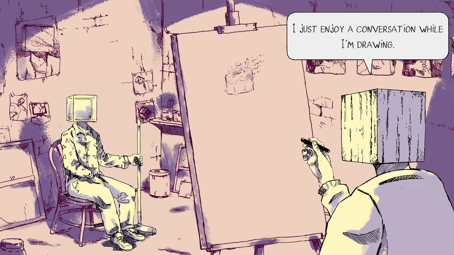 Sarah paints Tim and says, 'I just enjoy a conversation while I'm drawing.'