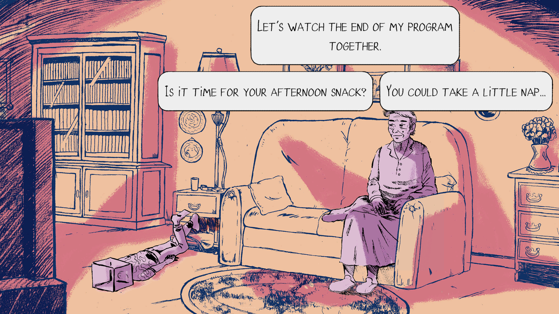 Tim's grandma is watching television and the player has three choices: 'Let's watch the end of my program together', 'Is it time for your afternoon snack?', or 'You could take a little nap.'