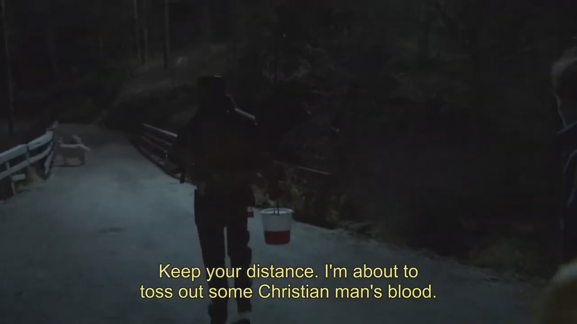 A man says, 'Keep your distance. I'm about to toss out some Christian man's blood.'