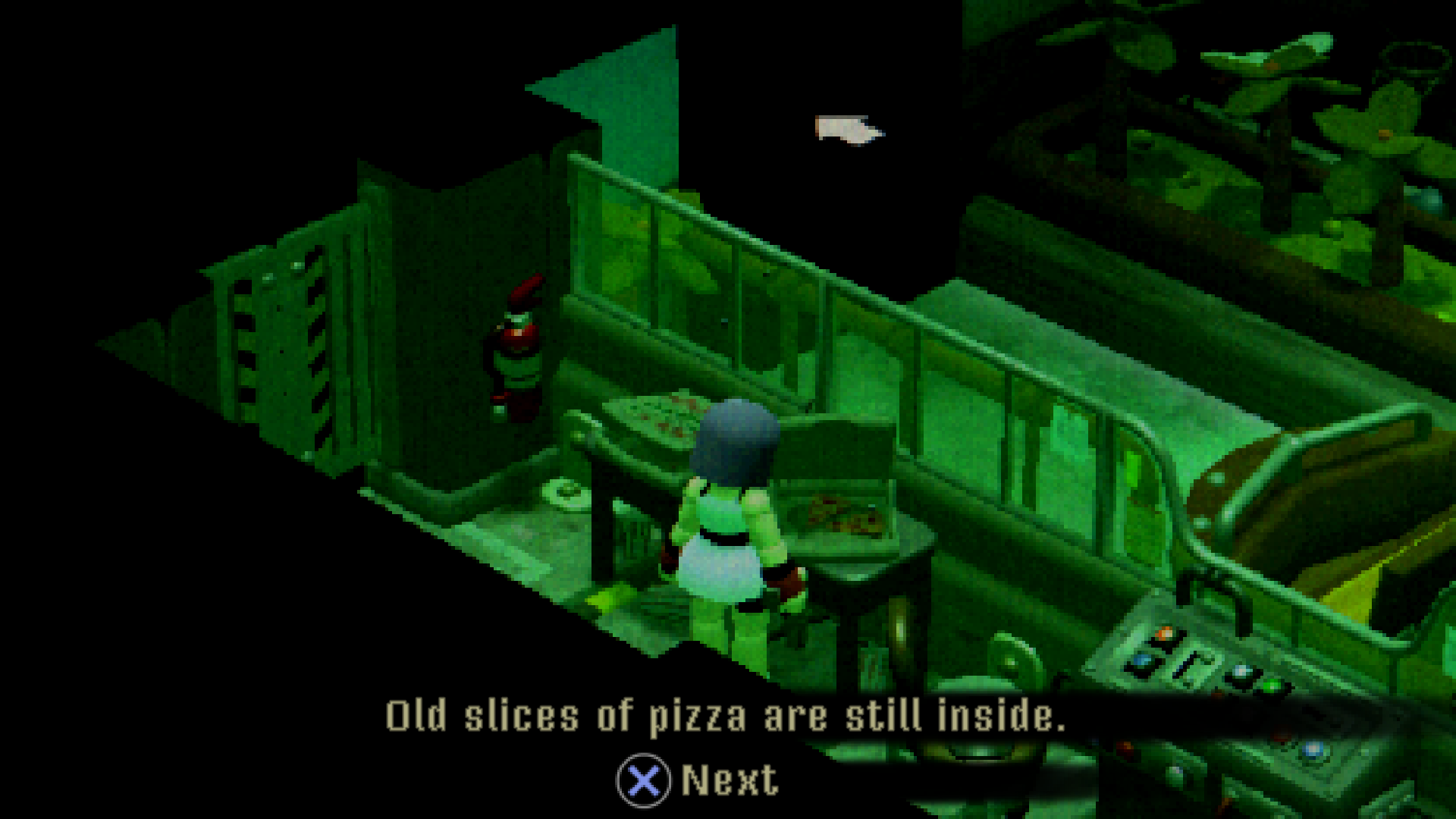 A screenshot with the text, Old slices of pizza are still inside.